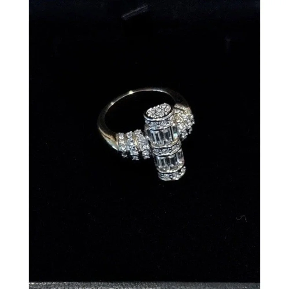 Stunning & Unique Baguette & Round Encrusted Gold Plated Ring Size 5.75 Stamped